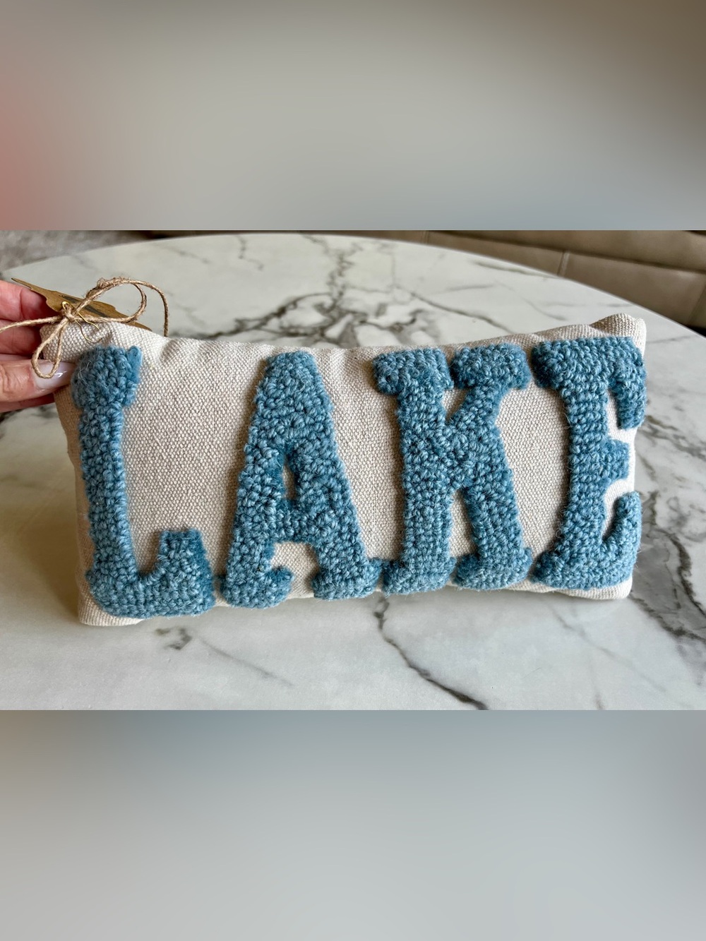 Mud Pie Cream Pillow with Blue Chenille LAKE Letters